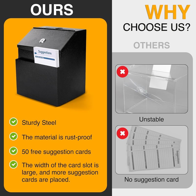 LINSIRON Suggestion Box with Slot and Lock 2 Pcs Metal 8.4 x 5.8 x 7.0 inch Built-In Storage Compartment 100 Suggestion Card Tip Jar Ballot Voting Prayer Comment Mailbox Booth Classroom Restaurant - Image 4